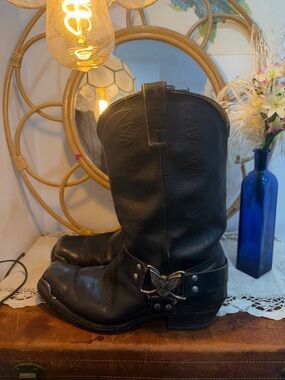 Black Leather Western Harness Boots with Eagle Concho